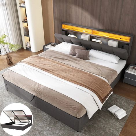 Lit Coffre 160x200 CM avec LED et Tiroirs,Structure de Lit avec Rangement Tête de lit,deux place,Tête Ajustable,2 Tiroirs,Lin,Gris