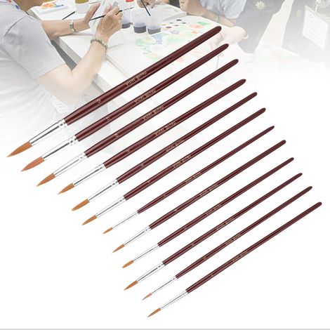 Ensemble de 12 pinceaux pointus, pinceaux aquarelle à poils de nylon et pinceaux à huile bordeaux.