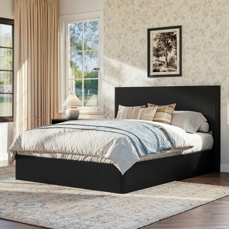 Cama con arcón 160 x 200 cm con sistema hidráulico, MDF y acero, negro (1/5)