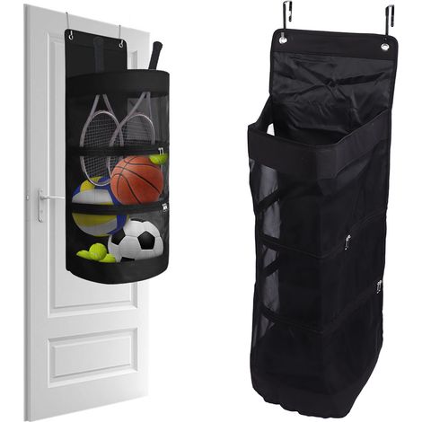 Sac de rangement noir pour équipement sportif de garage, panier de rangement suspendu pour ballon de basket et jouets d'enfants, sac suspendu à fixer à la porte. (1/5)