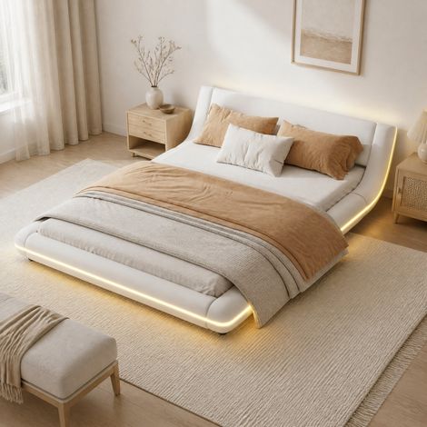 Letto matrimoniale 140x200 cm in PU e MDF bianco con LED, salvaspazio FloraGrace (1/5)
