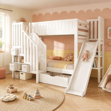 Letto a castello per bambini 90x200 cm con scivolo, scala contenitore e cassetti, bianco OKMYHOME (1/5)