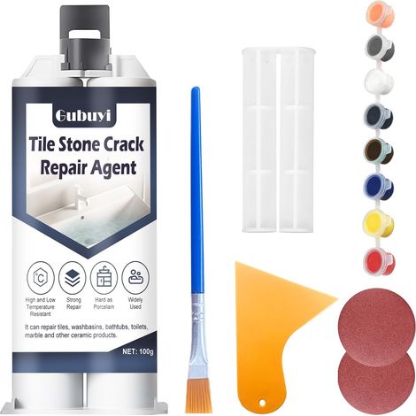 100g Kit Reparation Carrelage, Kit de Réparation D'émail Kit de Réparation de Baignoire, Kit de Réparation D'Évier en Céramique, pour Carrelage, Rayures, Trous, Fissures (1/5)