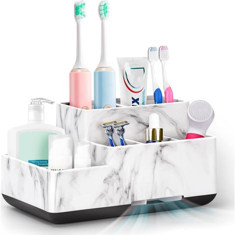 Support de Brosse à Dents, Détachable Organiseur de Salle de Bain, 5 Compartiments de Rangement Multifonctionnel pour Maquillage, Papeterie, Crayon, Dentifrice, Brosse à Dents, Rasoir, marbre Blanc (1/5)
