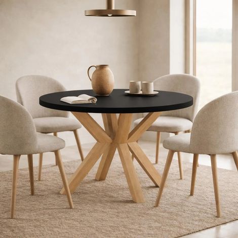 Table de salle à manger ronde extensible RAL avec pieds en bois, style loft, industriel, diamètre : 90 / 140 cm, couleur : noir / hêtre naturel (1/5)