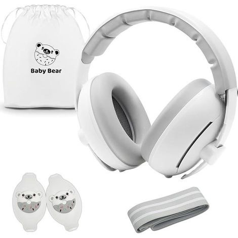 Casque anti-bruit bébé 2-en-1 - réglable 0-48 mois - Protège l'ouïe en voyage et sommeil paisible - blanc (1/4)