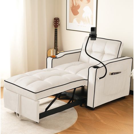 Fauteuil convertible 83x167x76 cm beige en velours avec dossier réglable et porte-gobelets (1/5)