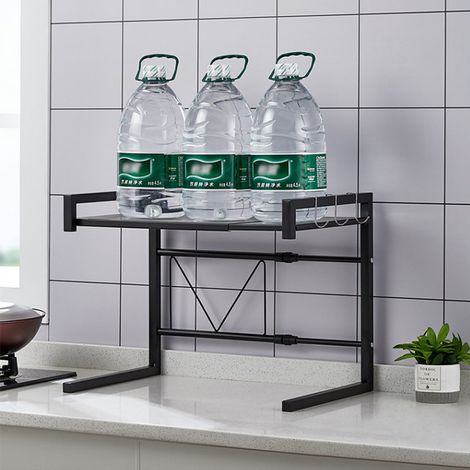 Support de Four à Micro Ondes Extensible Etagère Rangement Organisateur Cuisine Acier inoxydable avec 3 Crochets 42 x 36.5 x 40-65 CM (Noir) (1/5)