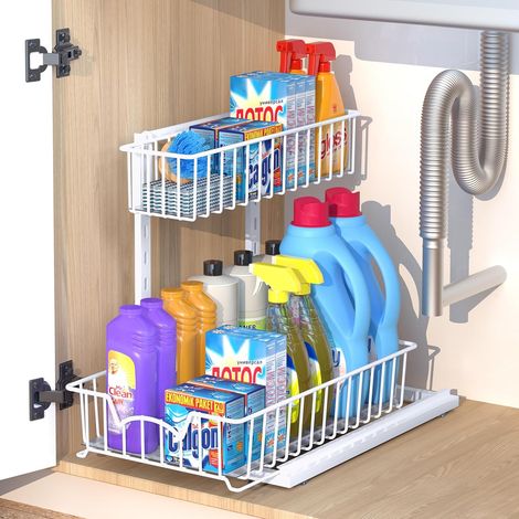 Organisateur de placard à 2 étages sous l'évier, étagère extensible pour cuisine, salle de bain, panier d'armoire en métal, organisateur multi-usages pour cuisine, salle de bain (blanc) (1/5)