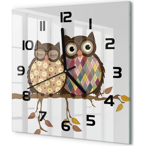Horloge Murale Carrée en Verre Trempé Moderne Silencieuse Sans Tic-Tac Deux hiboux sur une branche 30x30 cm (1/5)