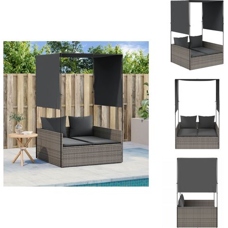 Chaise longue double avec toit et rideaux gris résine tressée - Chaises Longues Doubles - Transats - Mobilier De Jardin - Chaises Longues Pliantes - Meubles De Jardin (1/5)