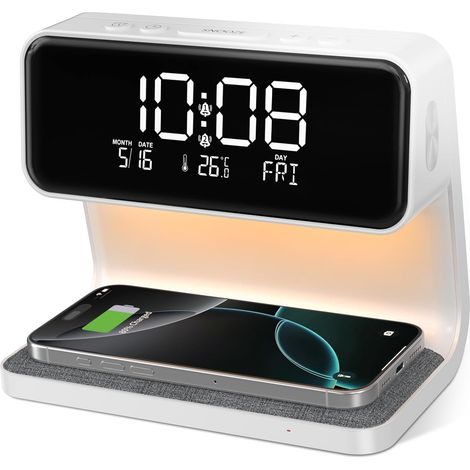 Multifunktionales kabelloses Nachtlicht, 15 W, Weiß, Multifunktionales kabelloses Nachtlicht mit Digitaluhr, dimmbares Nachtlicht (1/5)