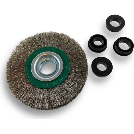 Brosse circulaire INOX Ø 125 mm Epaisseur 2 rangs Fil souple 0.20 mm ondulé Alésage 16 mm Touret meuleuse affûteuse ponceuse Brossage décapage polissage dérouillage Kibros 234127IV (1/5)