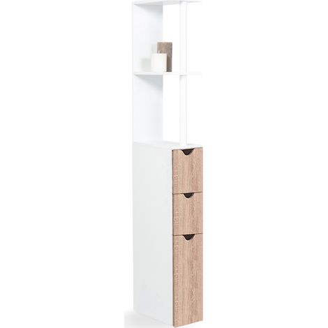 Idmarket – Meuble pour WC étagère 3 portes – Bois mélaminé blanc et hêtre – Dimensions 15x33x136 cm – Rangement compact pour petits espaces (1/7)