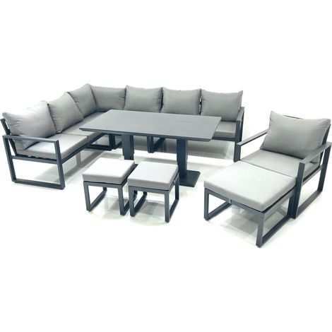 Fimous Aluminum Outdoor Garden Furniture Set Corner Sofa Chair 3 Footstools Adjustable Rising Lifting Dining Table Sets Dark Grey (1/5)