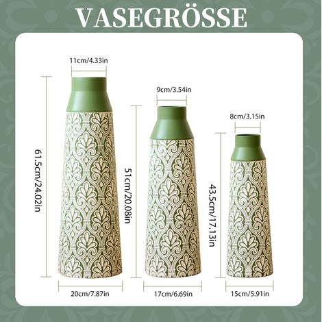 Set de 3 jarrones de suelo de metal verde, 61,5/51/43,5 cm, para flores secas, DESVIAE (1/3)