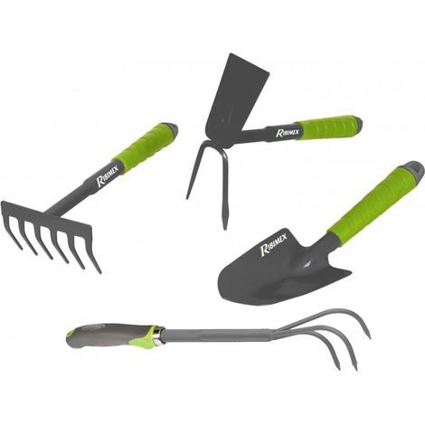 Lot 4 outils de jardinage, Griffe 3 dents, serfouette, rateau, transplantoir pour fleurs (1/5)