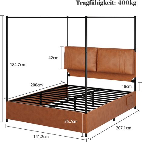 GagaLit à baldaquin 140x200 cm marron métal PU (1/5)