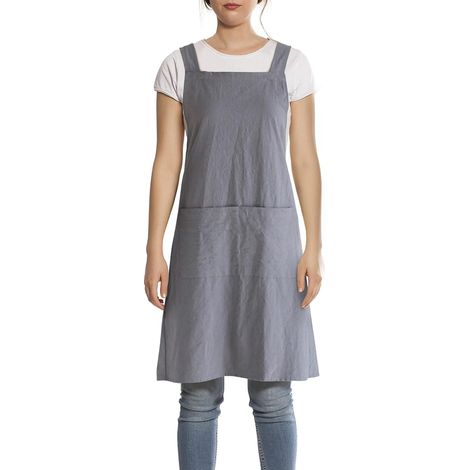 Tablier de Coton Lin avec Poche, Tablier de Cuisine, Style Japonais Halter Cross Bandage Apron, Restaurant Café Barbecue Poterie Vêtement de Travail pour Serveuse Femme Homme, Gris (1/5)