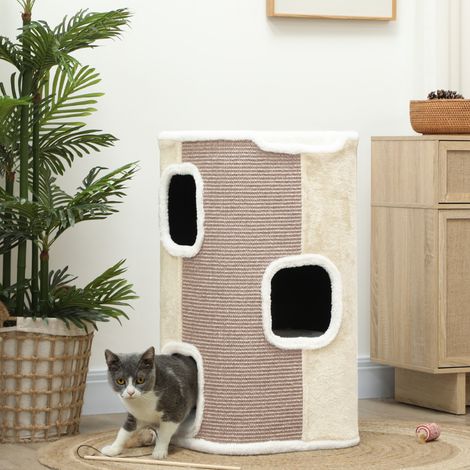 Griffoir en forme de tonneau, arbre à chat, 3 niveaux, robuste, en peluche douce, refuge, beige (1/5)