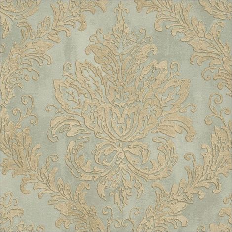 Papier peint baroque Profhome 790492 papier peint intissé gaufré à chaud légèrement texturé avec des ornements et des accents métalliques gris beige-vert or 5,33 m2