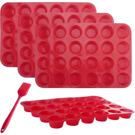 4 Pièces Mini Moule Silicone pour 24 Muffins, Anti-AdhéSif Muffin Moule con Brosse a Huile, Moules Mini Cupcake Sans BPA Lave-Vaisselle pour Muffins, Gâteaux, 34 x 23 x 3.5cm (Rouge),Parent,- (1/5)