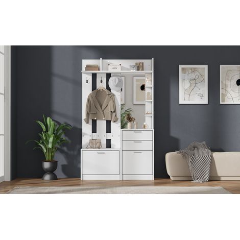 Garde-robe blanche en MDF avec miroir, 3 étagères, 2 tiroirs, 2 rangements à chaussures et 3 crochets pour entrée et chambre (1/5)