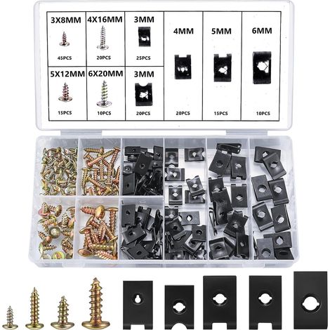 Kit surtido de 180 tornillos y tuercas con clip en U para automóviles, incluye 90 tornillos para guardabarros y 90 tuercas con clip en U para puertas y carrocerías. (1/5)