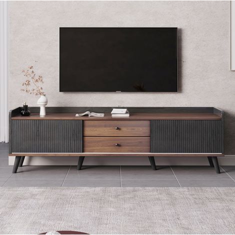 Meuble TV 2 portes 2 tiroirs, adapté aux téléviseurs de 40-49 pouces, meuble bas de salon/chambre 160×40×58cm, noir+naturel (1/5)