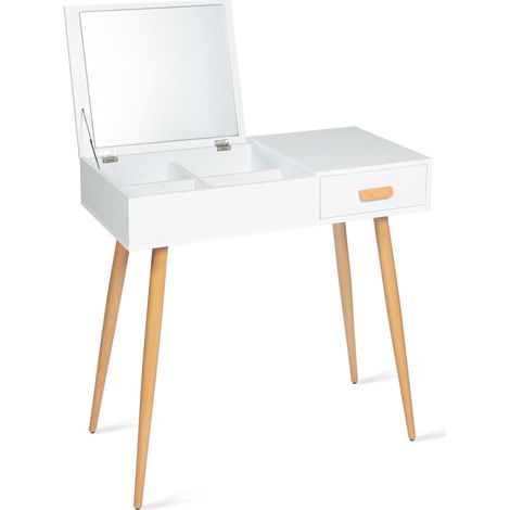 Idmarket – Coiffeuse enfant scandinave LISA – Miroir rabattable blanc – Dimensions 80x39x75 cm – 4 compartiments de rangement cachés