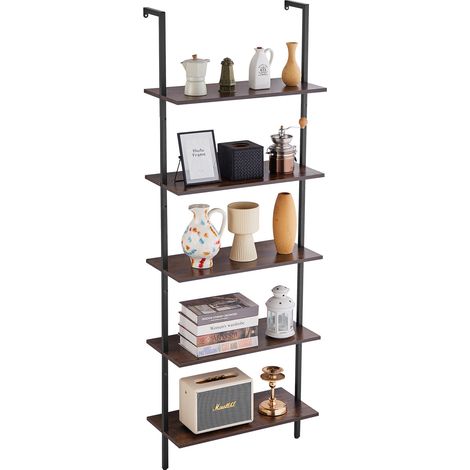VEVOR Ladder Shelf, 5-Tier Bookshelf 24x11.8in, Open Wall-Mounted Ladder Shelf with Metal Frame,Storage Rack Sundries Holder for Kitchen Bedroom Bathroom Living Room, Black (1/5)