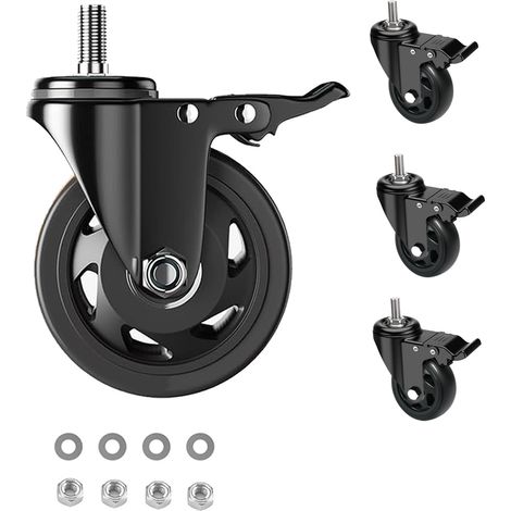 Roulette Charge Lourde avec Frein, 75MM Roulettes pour Meubles avec Tige Fileté M10x1,5x30mm Roulette Pivotantes À 360 Degrés, pour Tous Les Sols, Lot de 4 PU Roulettes Jusqu'à 400KG (1/5)