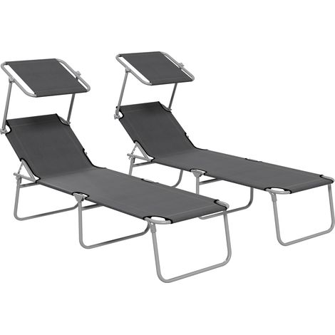 Sun Lounger Set of 2, Foldable, 4-Level Adjustable Backrest, Reclining Chair with Sun Shade, for Beach/Garden/Patio, Grey (1/5)