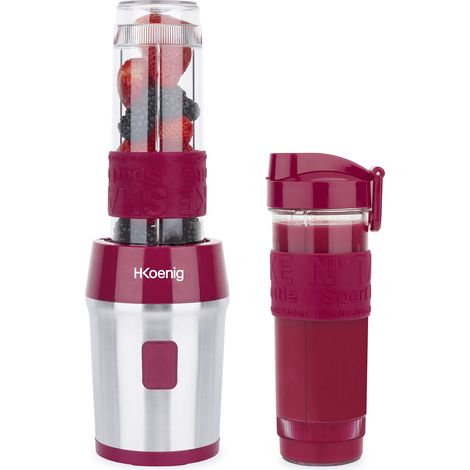 HKoenig SMOO10 Batidora de Vaso Portátil, Smoothie Maker, Batidora Americana para Zumos, Batidos, Smoothies, Capacidad de 570 mL, 300 W, Incluye 2 Botellas Deportivas Portátiles, Acero Inoxidable (1/5)