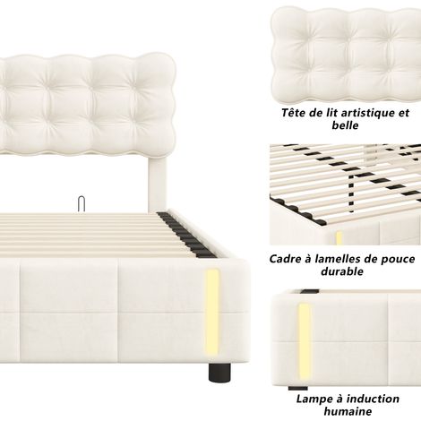 Sureh – Lit coffre 160x200 cm avec sommier à lattes en bois – Tête de lit capitonnée en velours beige – Mécanisme hydraulique avec éclairage LED