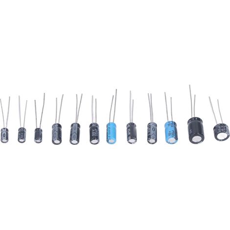 120-teiliges Sortiment an Elektrolytkondensatoren, 12 verschiedene Typen, 0,22–470 µF, 50 V, 16 V, schwarze Inline-Kondensatoren (1/5)