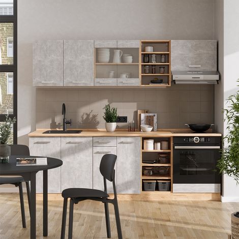 Küchenzeile R-Line, Beton/Goldkraft Eiche, 240 cm ohne Arbeitsplatte, Vicco (1/5)