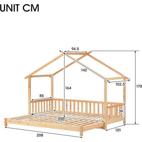 Lit enfant 2x90x200 cm en bois massif 2 personnes avec sommier à lattes,lit cabane extensible avec Garde-corps de sécurité,naturel (1/5)