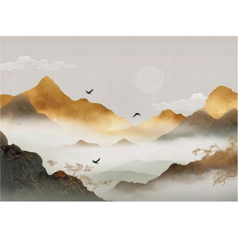 Papier peint mural montagnes paysage boho beige intissé grand format design intérieur salon chambre pas cher 350x250 cm (1/5)