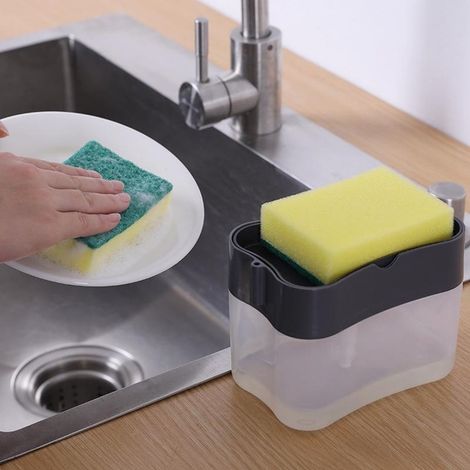 TRADE SHOP - Dispenser Di Sapone Detersivo Per Piatti Da Cucina In Plastica 2in1 Contenitore Con Spugna - (1/5)