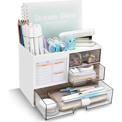 Organiseur de bureau avec 3 tiroirs et 8 compartiments (blanc). (1/5)