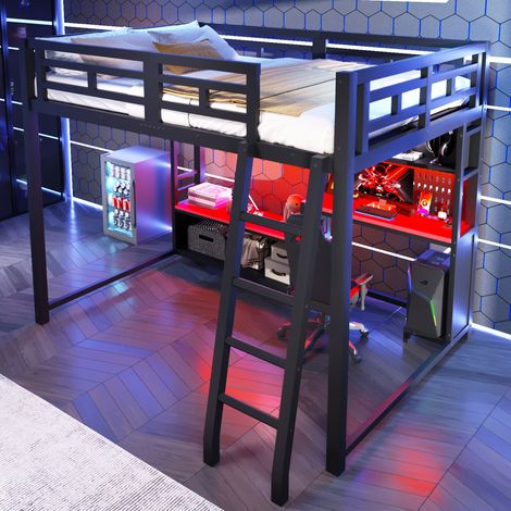 Letto a soppalco in metallo 140x200 cm con scrivania, LED e ripiani, nero OKWISH (1/5)