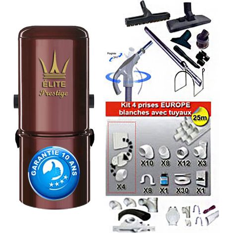 Aspiration centralisée ÉLITE PRESTIGE (jusqu'à 250 m²), garantie 10 ans + Set inter 9 m + 8 accessoires + kit 4 prises + kit prise balai + kit prise garage (1/5)