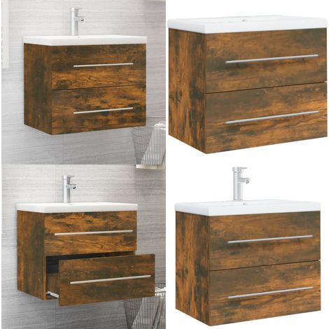 Mueble de baño con lavabo madera contrachapada roble ahumado - Lavabo empotrado - Armario de baño