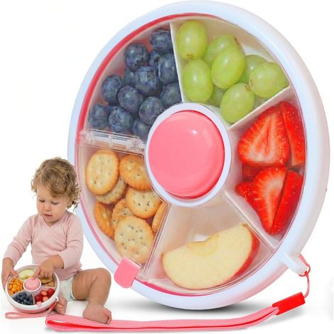 Boîte à goûter rotative rose pour tout-petits, sans BPA ni PVC, anti-fuites, avec dragonne, 5 compartiments, idéale pour les voyages et les enfants. (1/5)
