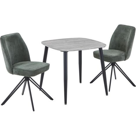 Aspen Grey Oak Square Table & 2 Green Swivel Dining Chairs - MDF/Metal/Fabric - L69 x W46 x H92 cm