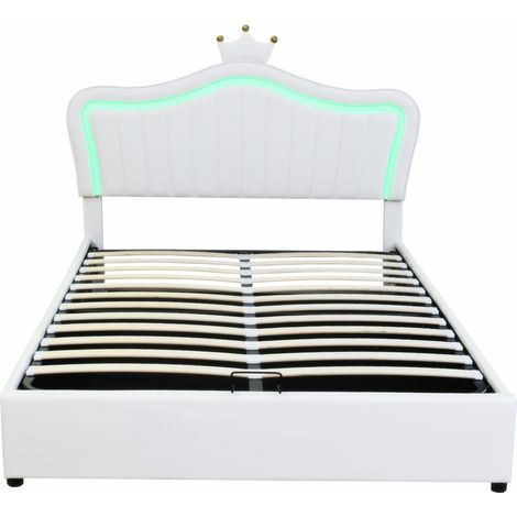 Cama infantil tapizada 140 x 200 cm en PU blanco con arcón hidráulico, LED y cabecero corona (1/5)