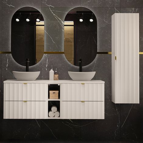 Conjunto de muebles con doble lavabo 140cm 2 compartimientos y columna Lexa Blanco (1/4)