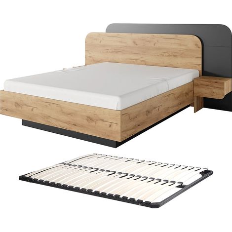 Lit avec chevets 160 x 200 cm - Avec LEDs - Coloris : Naturel et anthracite + Sommier - DESADO (1/5)