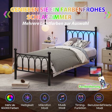 Cadre métal 90×200cm noir vintage,tête et repose‑pied,station USB,LED,support acier,rangement sous lit,sans sommier nécessaire